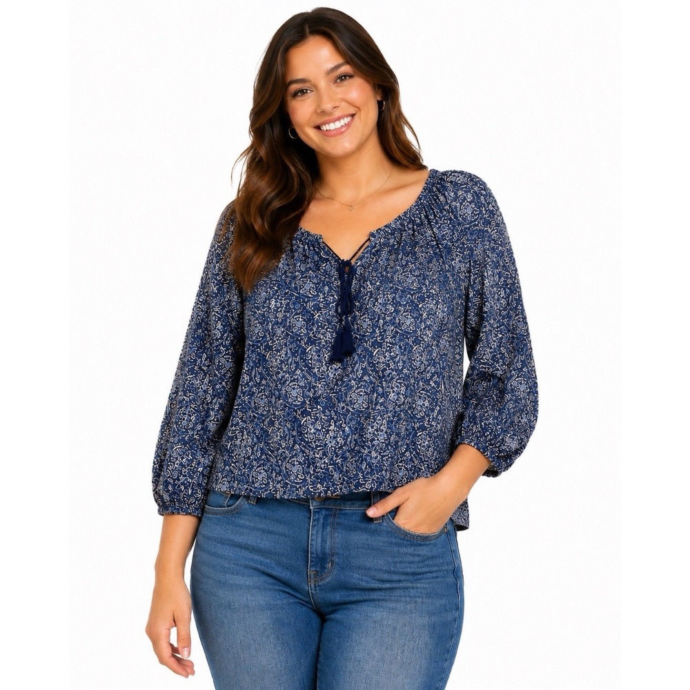 Chaps Womens Peasant Blouse Blue Paisley Floral 3/4 Sleeve Tassel Tie XL